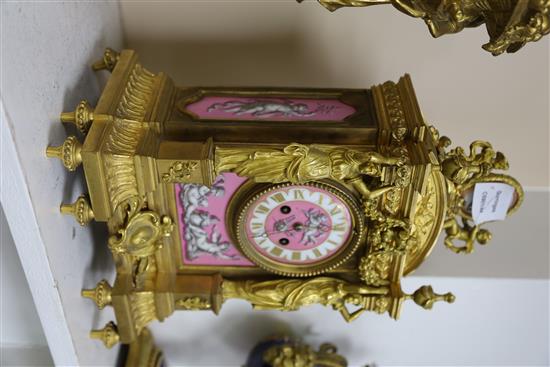 A late 19th century French ormolu and Sevres style porcelain mantel clock, width 8.5in. depth 6in. height 14.25in.